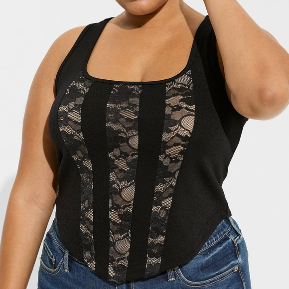 Torrid 1 (1X 14/16) Sexy Black/Tan Lace Panels Punk Gothic Crop‎ Busty Tank Top - Picture 3 of 3